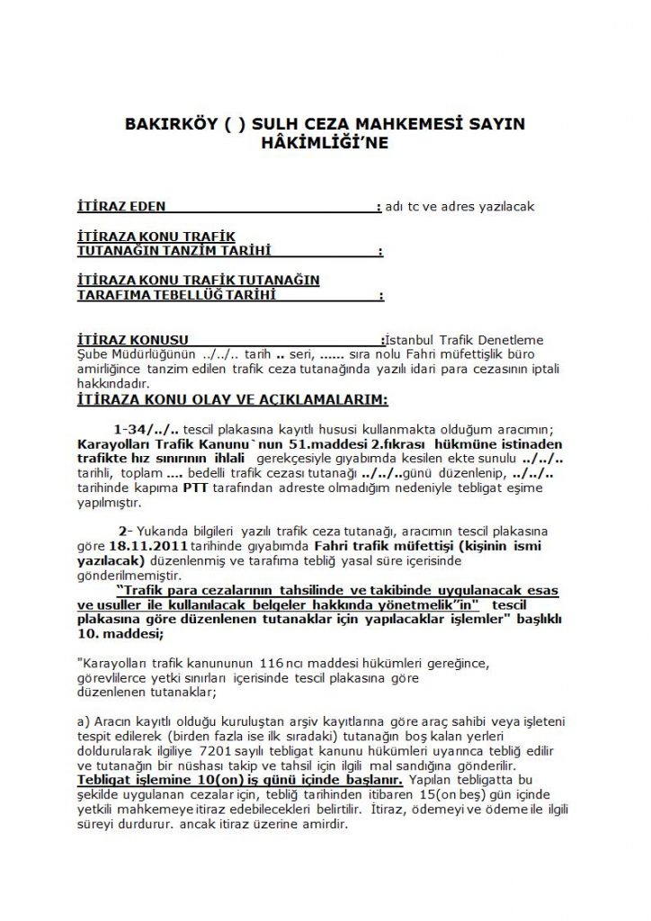 Trafik cezası itiraz dilekçesi örneği 2020